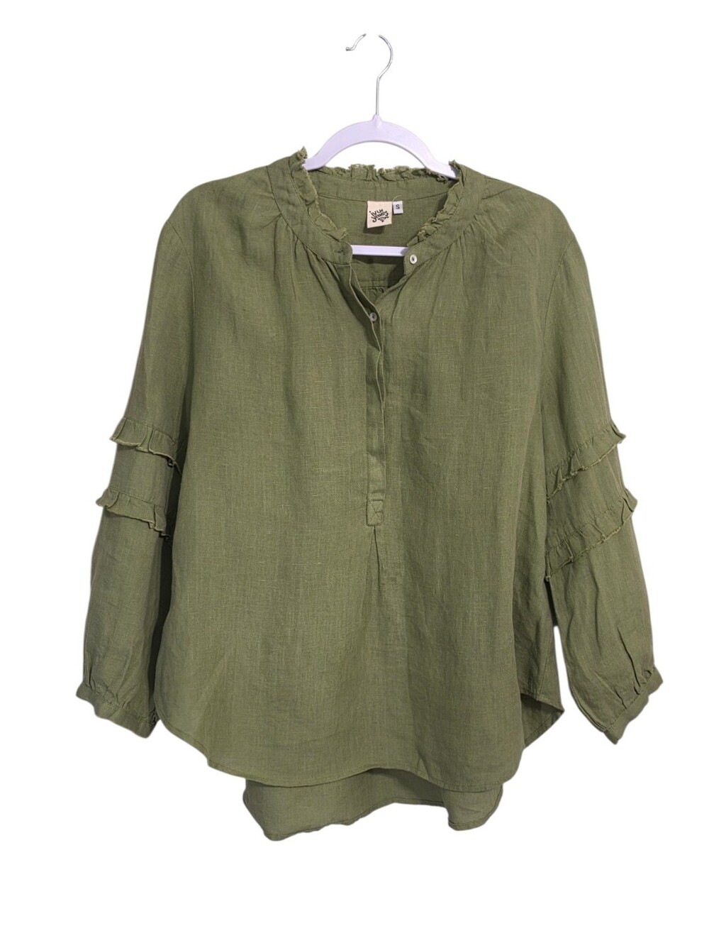 Ivy Jane 100% Linen Olive Green Top S Ruffled Layered Balloon Sleeve Oversized